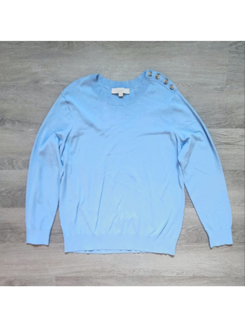 Loft Women's Solid Blue Crew Neck Long Sleeve Button Detail Sweater X-Large XL